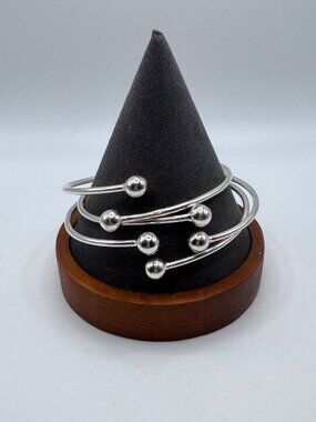 3 Sterling Silver Adjustable Bangles Ball Accents Modernist Stacking Timeless